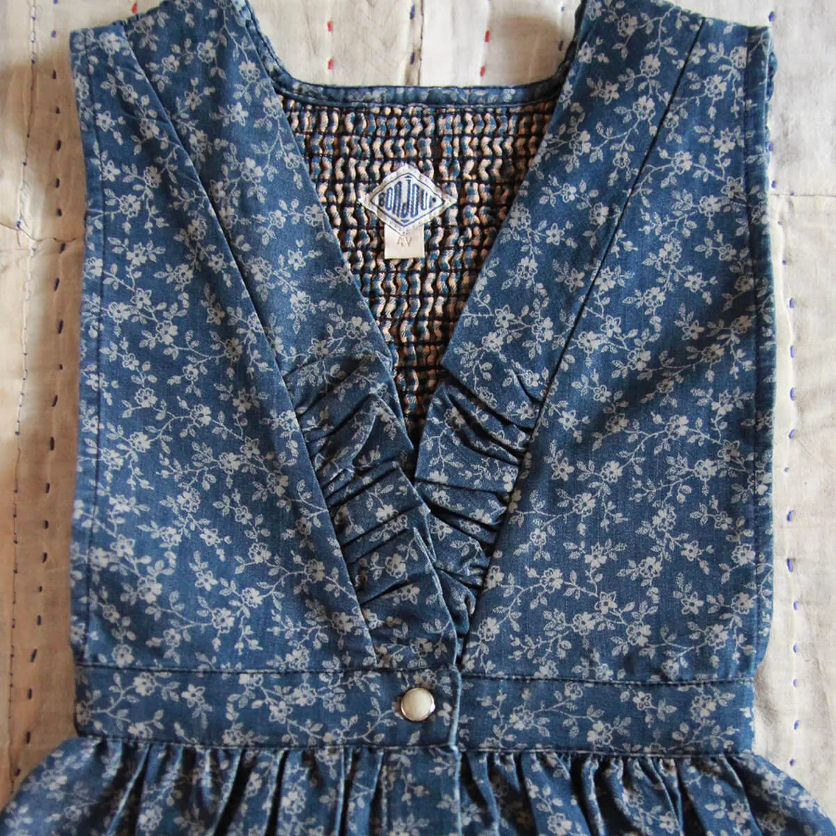 Apron Dress in Blue Denim Flowers by Bonjour