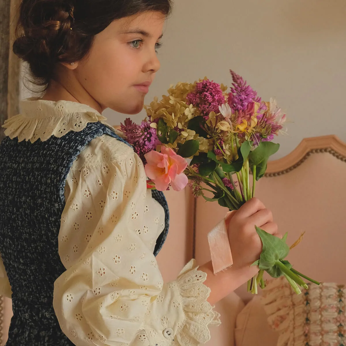 Apron Dress in Blue Denim Flowers by Bonjour
