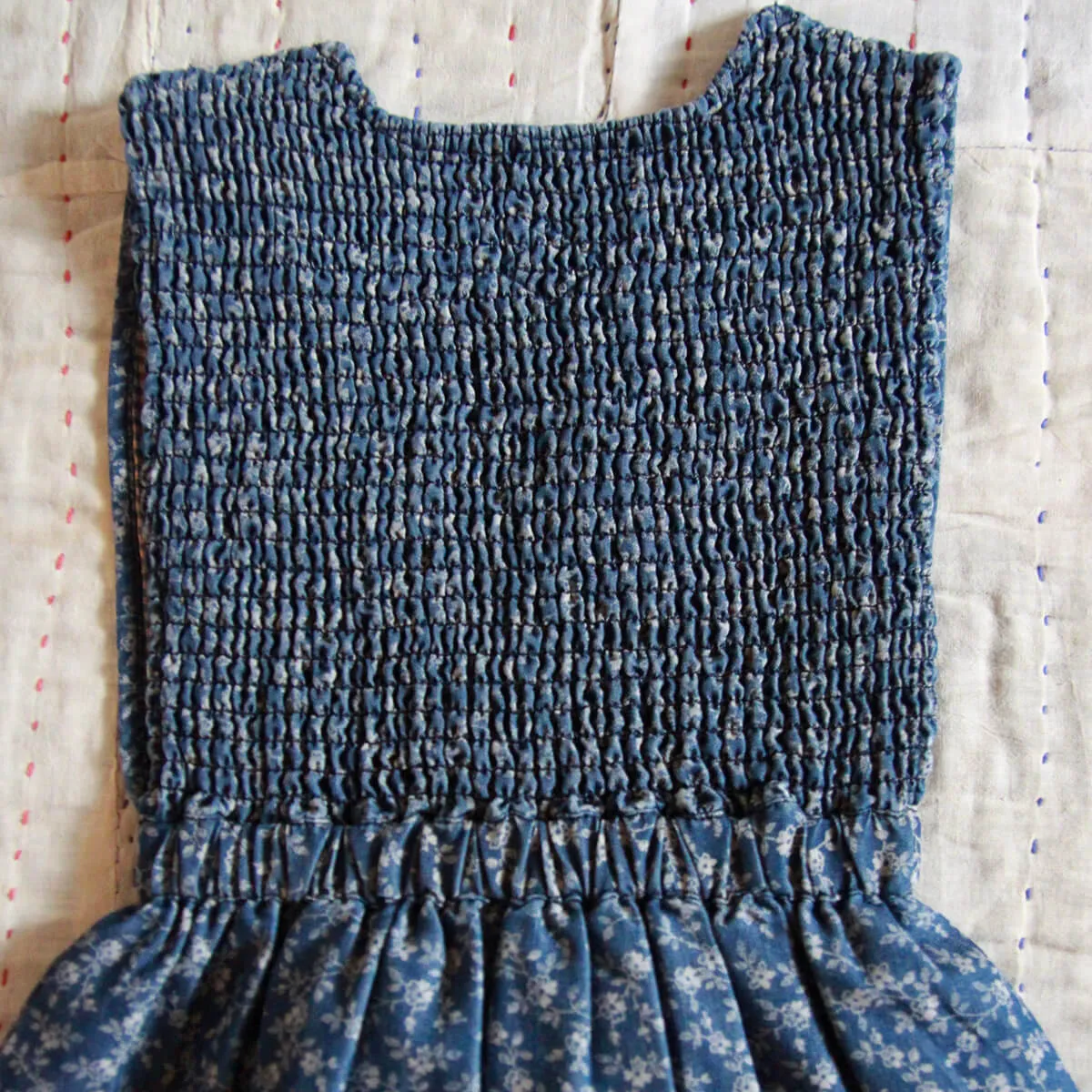 Apron Dress in Blue Denim Flowers by Bonjour