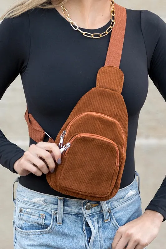 Chic Modern Double Zip Corduroy Sling Bag