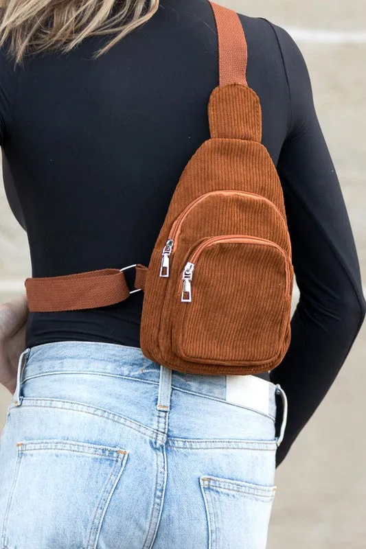 Chic Modern Double Zip Corduroy Sling Bag