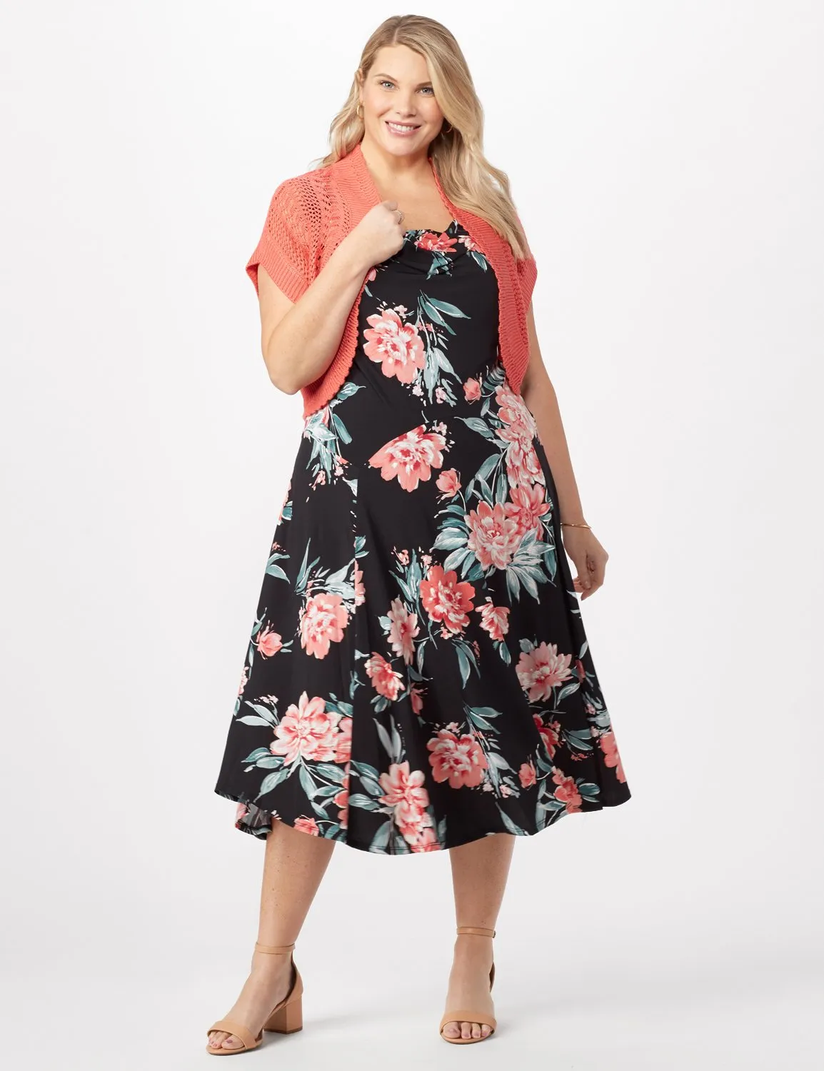 Floral Dress with Crochet Sweater Plus