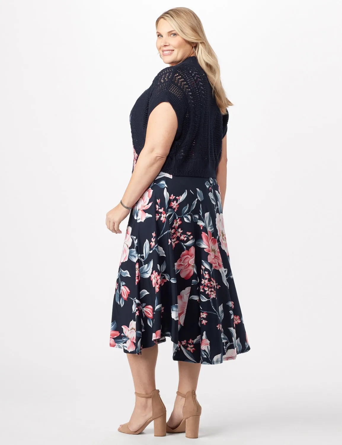 Floral Dress with Crochet Sweater Plus