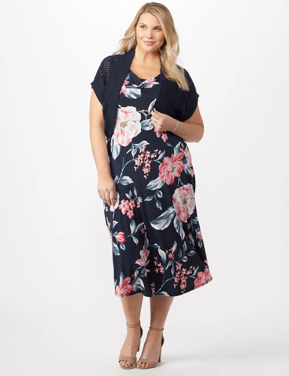 Floral Dress with Crochet Sweater Plus