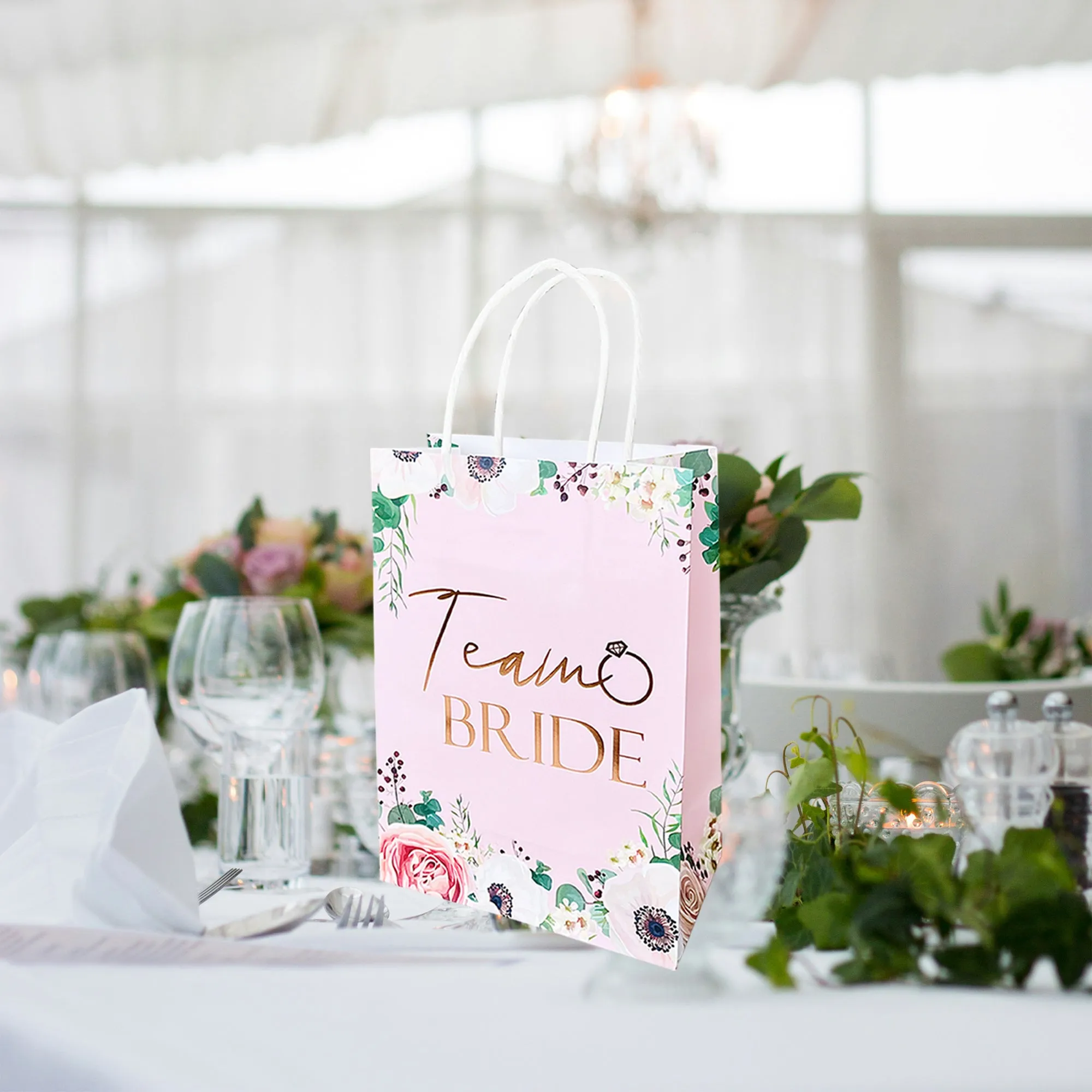 Hen Party Goody Bags Set (8 or 16 hens) Paper Bags and Accessories Light Pink Floral with Rose Gold Foil Text.