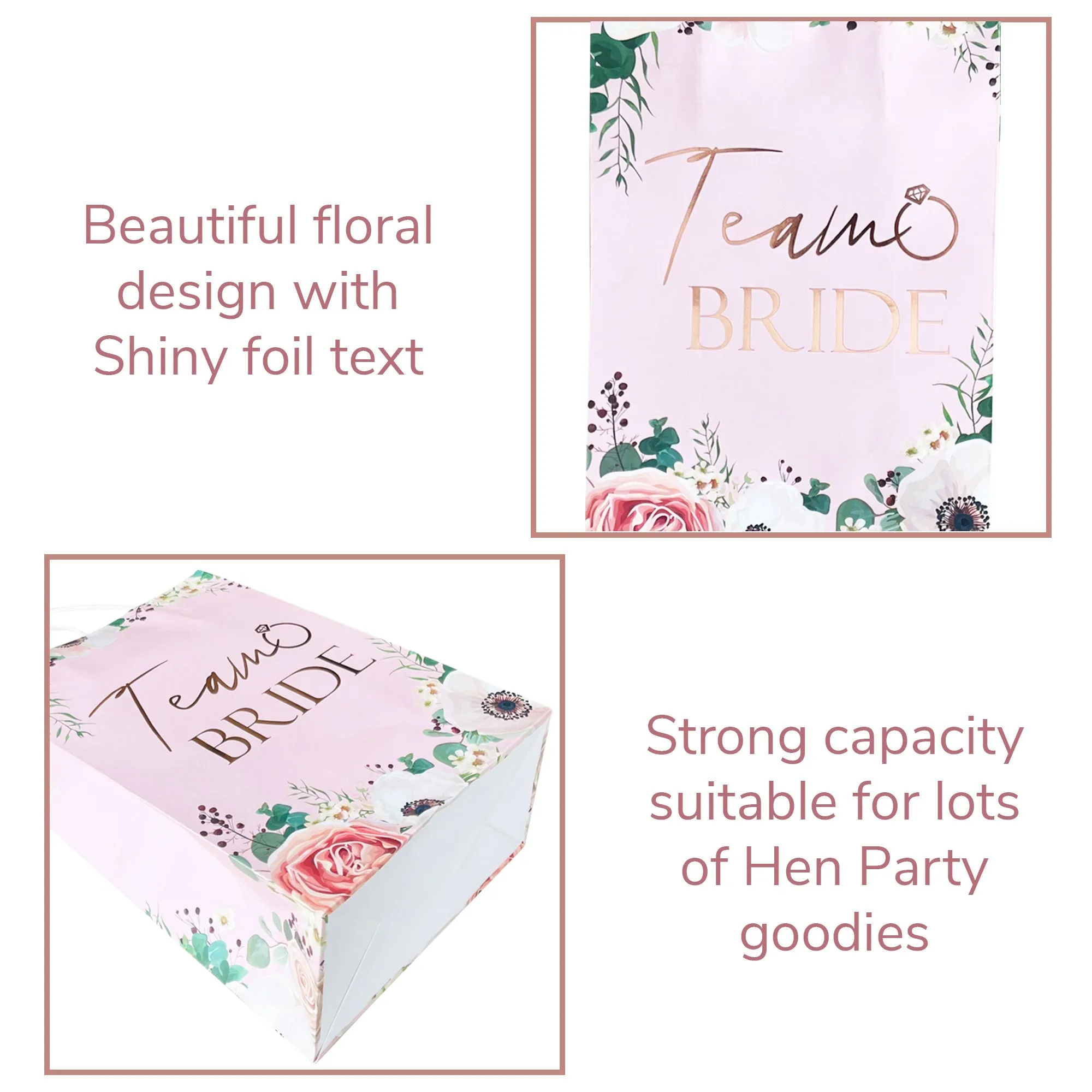 Hen Party Goody Bags Set (8 or 16 hens) Paper Bags and Accessories Light Pink Floral with Rose Gold Foil Text.
