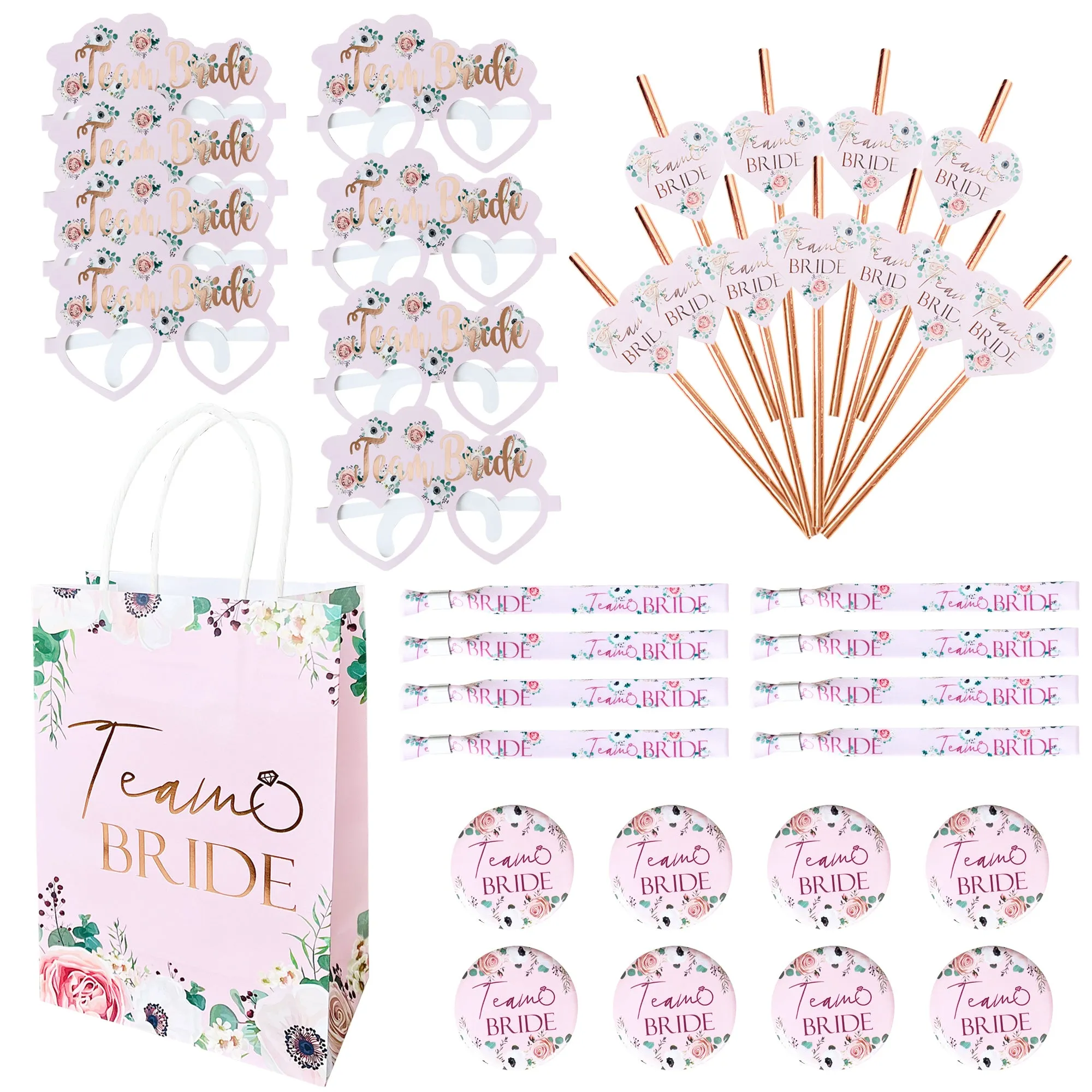 Hen Party Goody Bags Set (8 or 16 hens) Paper Bags and Accessories Light Pink Floral with Rose Gold Foil Text.