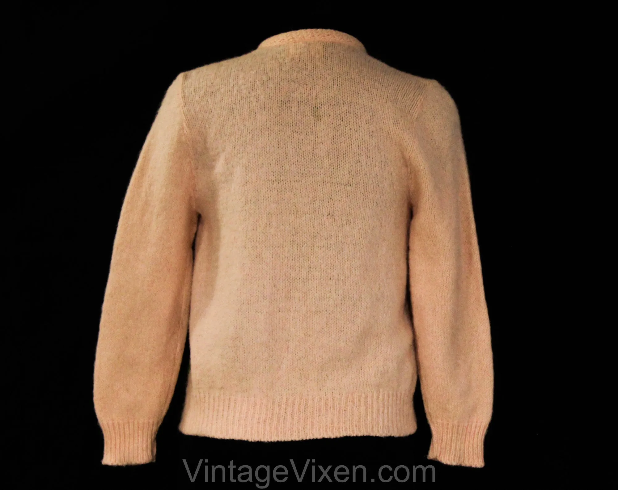 Size 6 Pink Mohair Cardigan - 1960s Small Pastel Open Front Sweater with Flower Bud Embroidery - Sweet Spring 60s Knitted Jumper - Bust 34