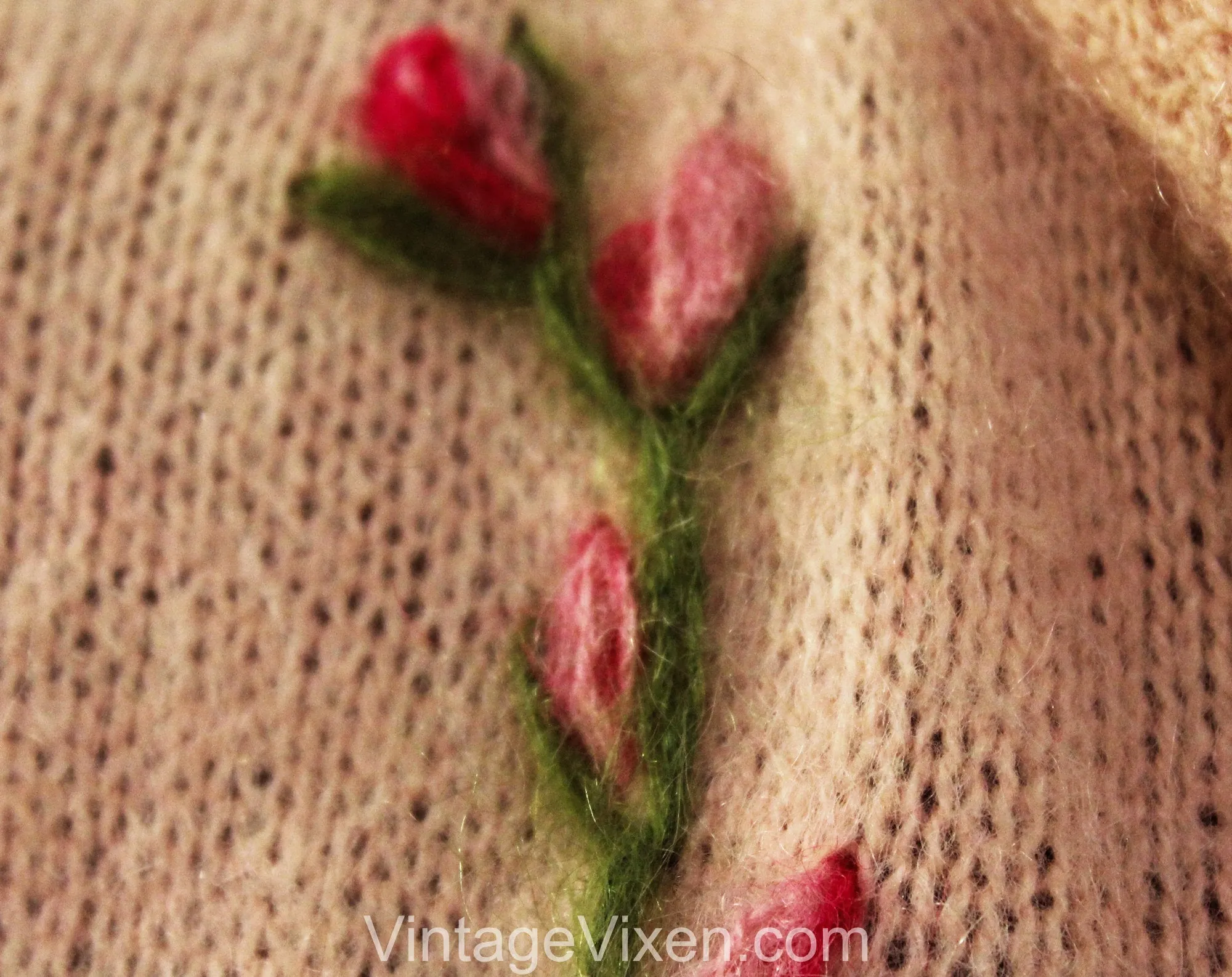 Size 6 Pink Mohair Cardigan - 1960s Small Pastel Open Front Sweater with Flower Bud Embroidery - Sweet Spring 60s Knitted Jumper - Bust 34