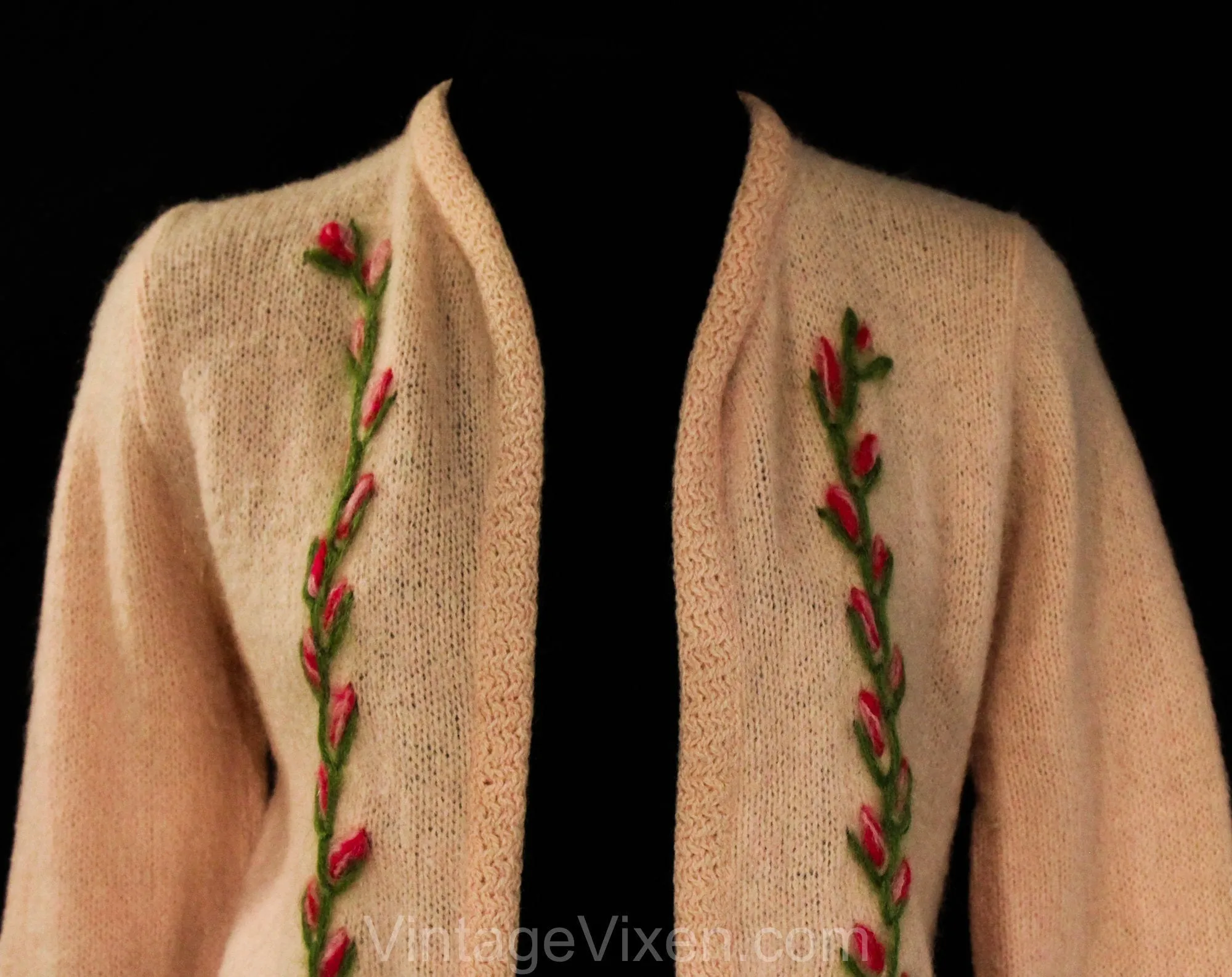 Size 6 Pink Mohair Cardigan - 1960s Small Pastel Open Front Sweater with Flower Bud Embroidery - Sweet Spring 60s Knitted Jumper - Bust 34