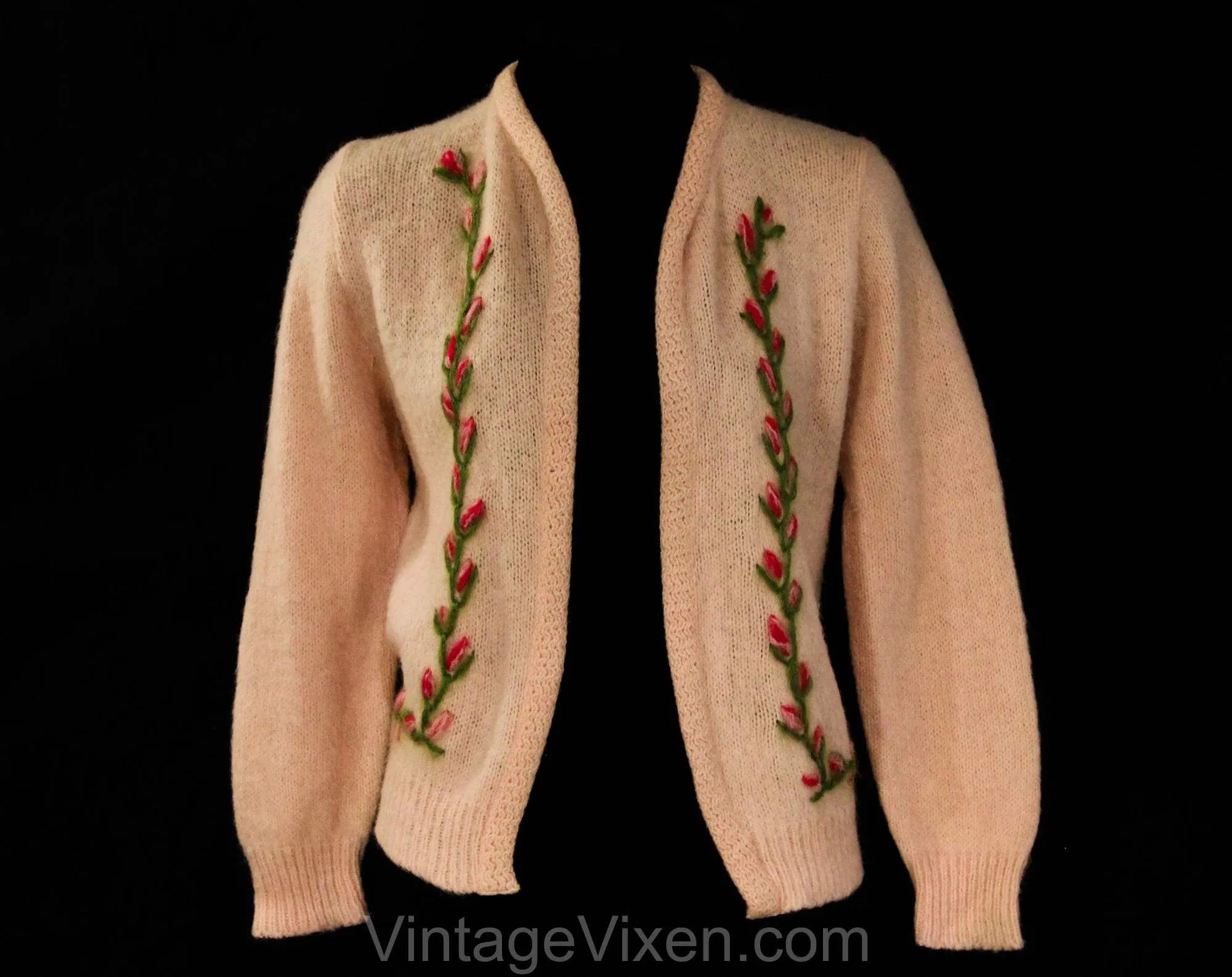 Size 6 Pink Mohair Cardigan - 1960s Small Pastel Open Front Sweater with Flower Bud Embroidery - Sweet Spring 60s Knitted Jumper - Bust 34