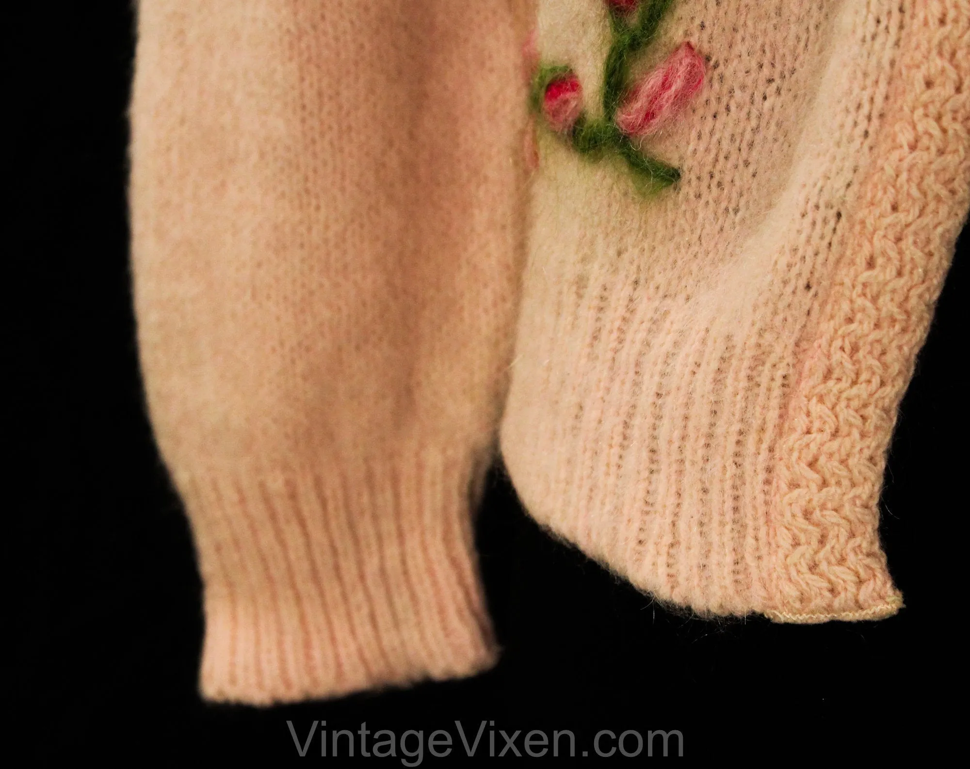 Size 6 Pink Mohair Cardigan - 1960s Small Pastel Open Front Sweater with Flower Bud Embroidery - Sweet Spring 60s Knitted Jumper - Bust 34