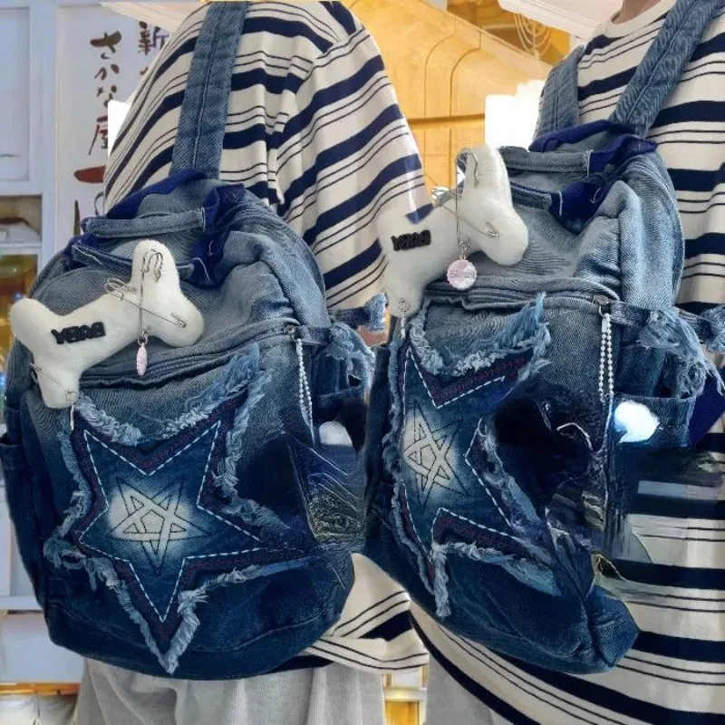 UAKISS  -  Fashion Five Star Canvas Backpacks Women 2024 New Trendy Y2K School Bag Men Gradient Denim Blue Rucksack Bolsa Mujer Сумка