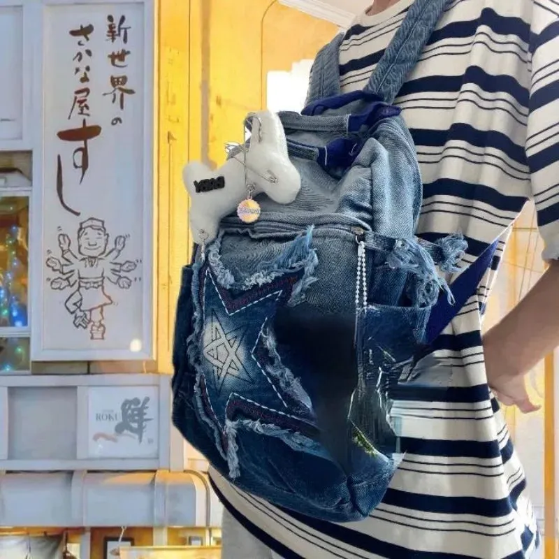 UAKISS  -  Fashion Five Star Canvas Backpacks Women 2024 New Trendy Y2K School Bag Men Gradient Denim Blue Rucksack Bolsa Mujer Сумка