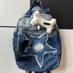 UAKISS  -  Fashion Five Star Canvas Backpacks Women 2024 New Trendy Y2K School Bag Men Gradient Denim Blue Rucksack Bolsa Mujer Сумка