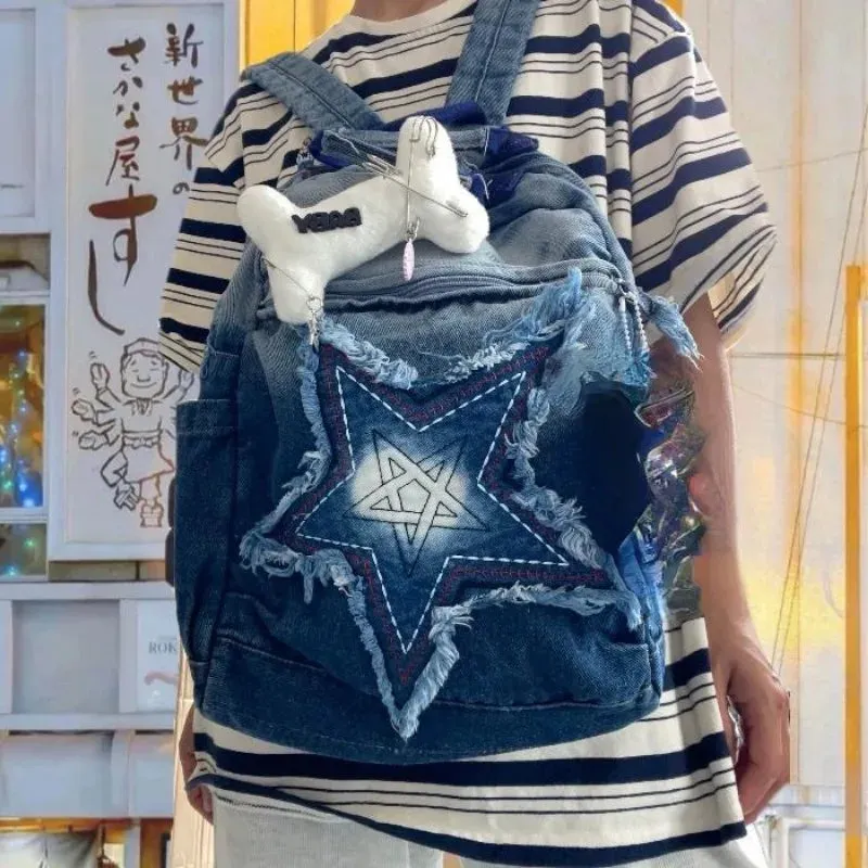 UAKISS  -  Fashion Five Star Canvas Backpacks Women 2024 New Trendy Y2K School Bag Men Gradient Denim Blue Rucksack Bolsa Mujer Сумка