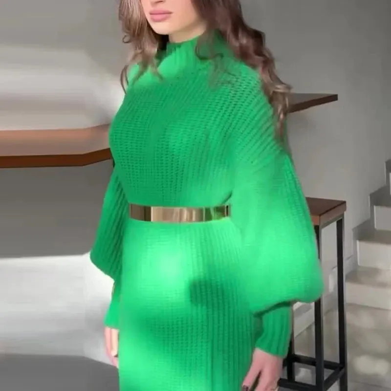 UAKISS  -  Women's Turtleneck Pullover Solid Sweater Dresses New Knit Long Dress With Belt Winter Lady Lantern Sleeve Holiday Party Clothes
