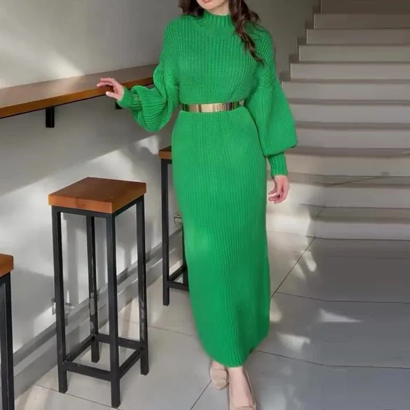 UAKISS  -  Women's Turtleneck Pullover Solid Sweater Dresses New Knit Long Dress With Belt Winter Lady Lantern Sleeve Holiday Party Clothes