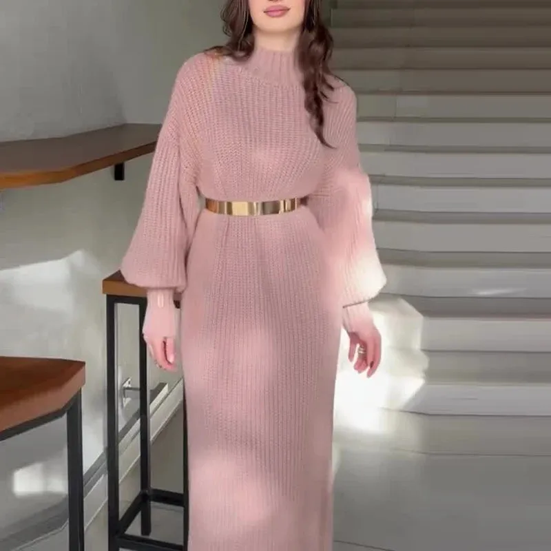UAKISS  -  Women's Turtleneck Pullover Solid Sweater Dresses New Knit Long Dress With Belt Winter Lady Lantern Sleeve Holiday Party Clothes