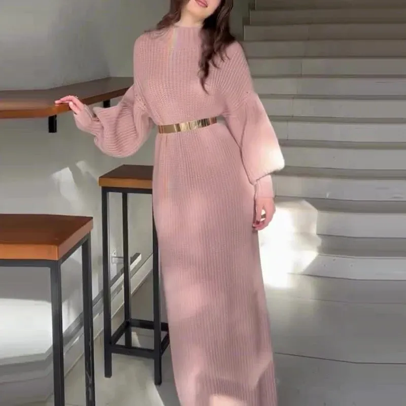 UAKISS  -  Women's Turtleneck Pullover Solid Sweater Dresses New Knit Long Dress With Belt Winter Lady Lantern Sleeve Holiday Party Clothes