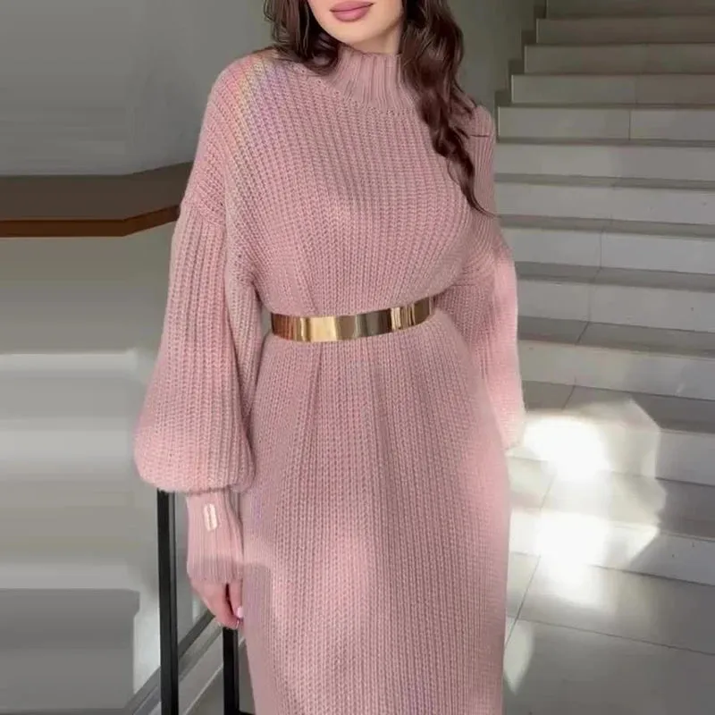 UAKISS  -  Women's Turtleneck Pullover Solid Sweater Dresses New Knit Long Dress With Belt Winter Lady Lantern Sleeve Holiday Party Clothes